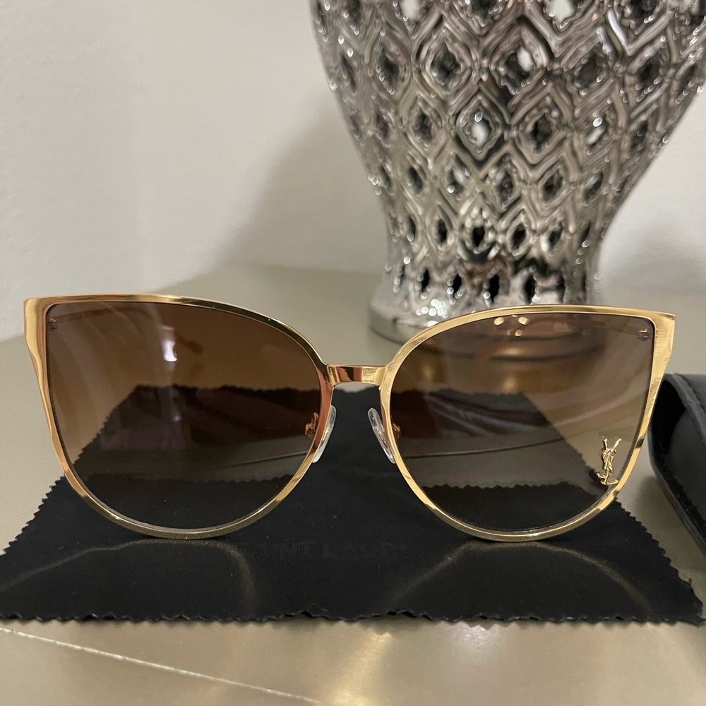 Yves Saint Laurent Gold Frame Brown Gradient Lens Cat-Eye Sunglasses